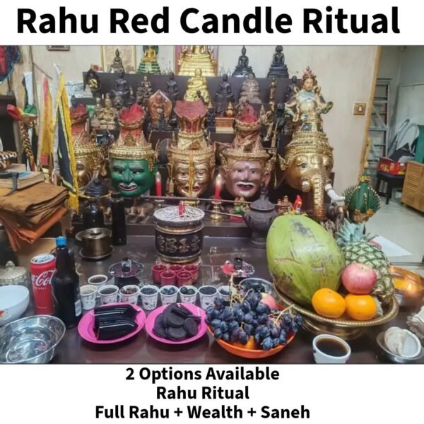 Rahu Candle Ritual altar with red candle and elaborate offerings, conducted by Phu Lersi Techo with two ritual options available.