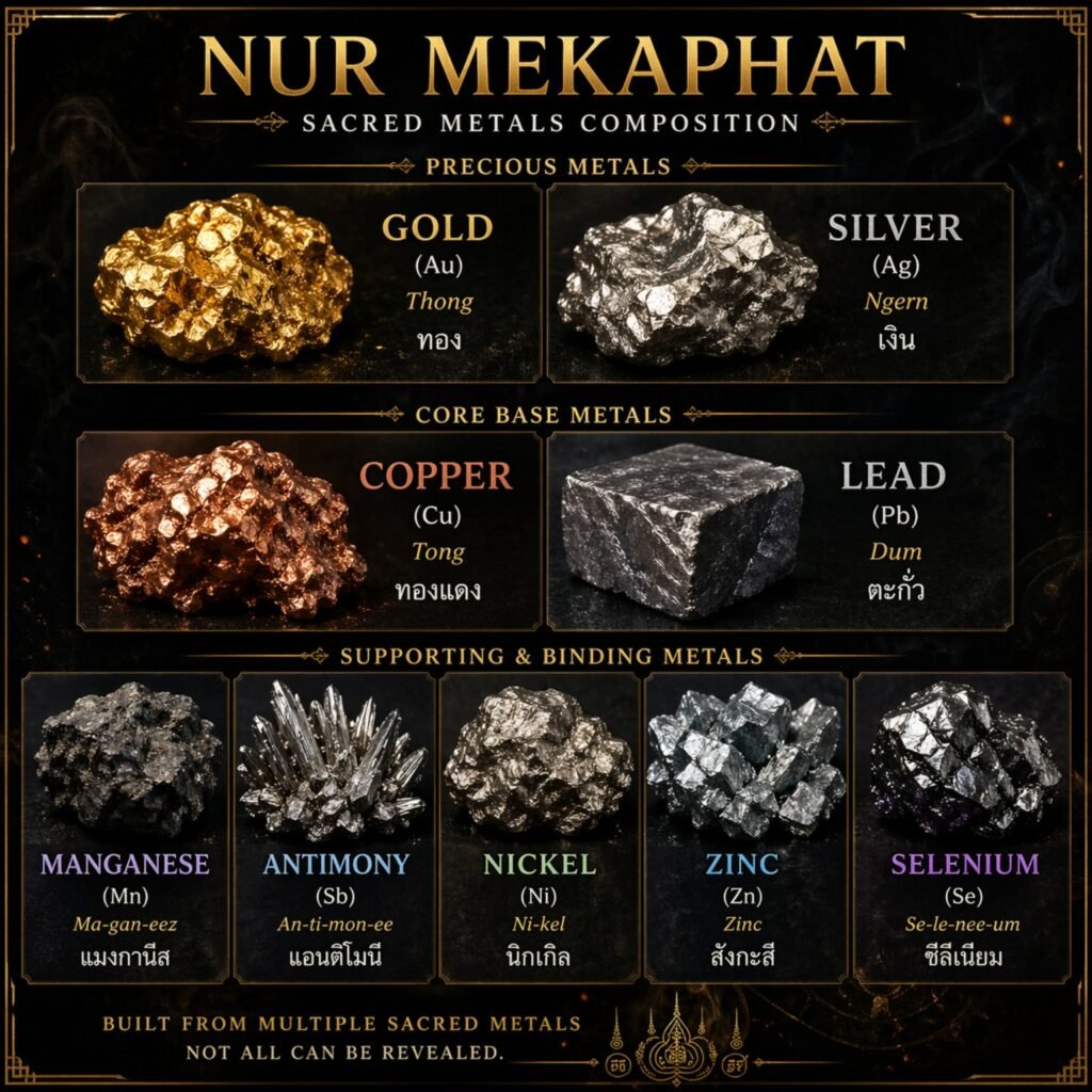 Sacred metals used in Mekaphat alloy including copper lead gold silver nickel and zinc