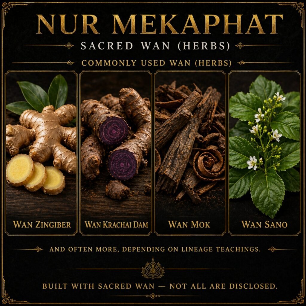 Herbal components in Mekaphat alloy showing traditional Thai sacred wan ingredients