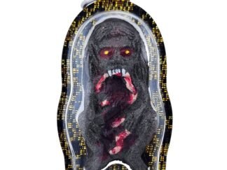 Hakom Phi Phong amulet front view showing black ghoul figure with red detailing and protective waterproof casing