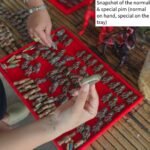 Close-up of Hakom Phi Phong amulets during selection showing different pims and takrut variations