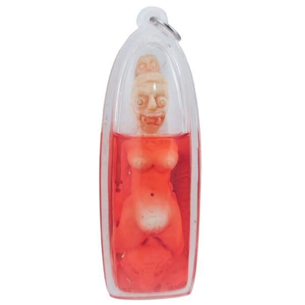 Asoon Mae Per amulet front view showing feminine devil form with baby devil sealed in red Nam Man Asoon casing