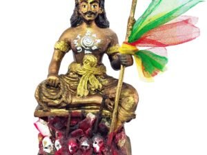 Front view of the rare Phaya Yom Bucha Golden Edition by Ajarn Tom showing the King of Hell seated above spirit materials and underworld symbolism.