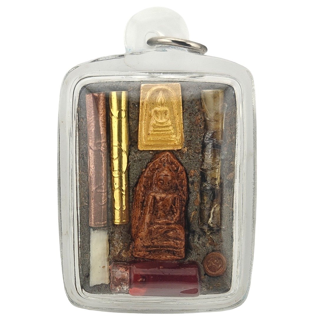Phaya Yom Maharaj amulet rear view featuring sacred inserts, twin takruts, miniature Buddha amulet and consecrated components