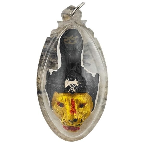Full front view of Lersi Sermingpai Sian by Ajarn Wanchai in clear casing with hand-painted tiger face and black Lersi body.