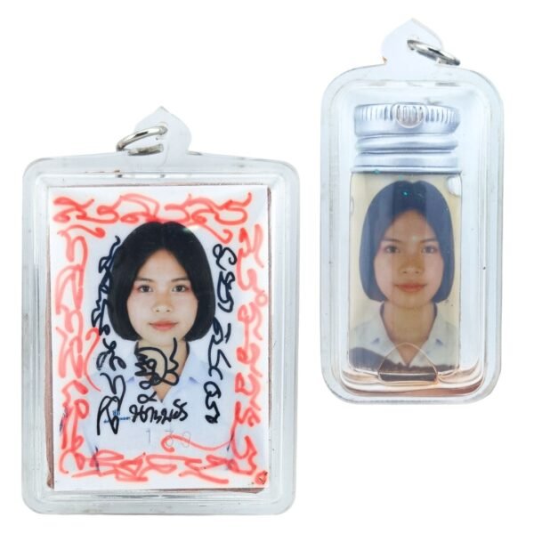 Nong Phet Wanisa locket and Nam Man Prai oil bottle shown together in clear protective casing