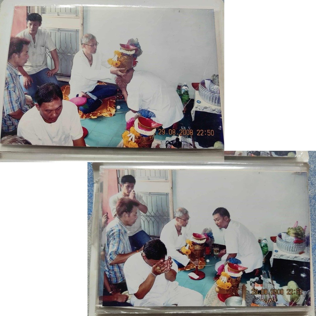 Old blessing ceremony photos showing Ajarn Meng and Ajarn Gao during the BE 2551 Takrut Bua Bang Bai Na Ok Tek consecration