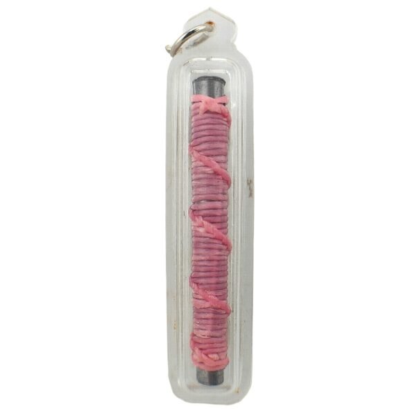 Takrut Bua Bang Bai Na Ok Tek main view in clear casing with pink cord wrapping