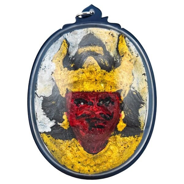 Phaya Yom Maharaj amulet by Ajarn Tom BE 2569, raw hand painted front view in casing