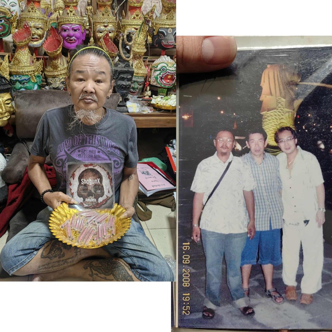 Ajarn Gao holding the Takrut Bua Bang Bai Na Ok Tek batch with old Merlion photo of Ajarn Gao from 2008 beside it