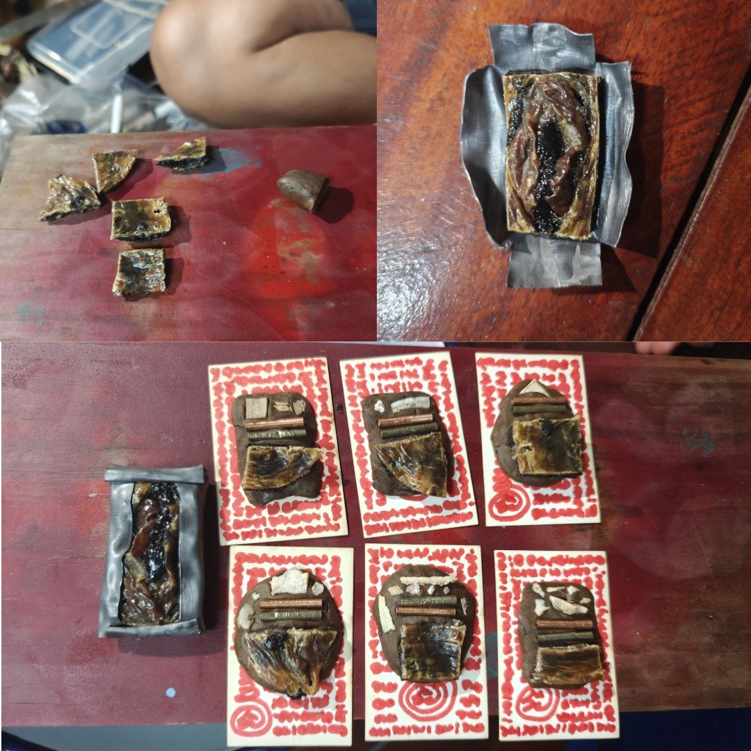 Construction collage showing divided yoni relic material, the separate special piece and six Mae Prai SaengDao amulets before casing.