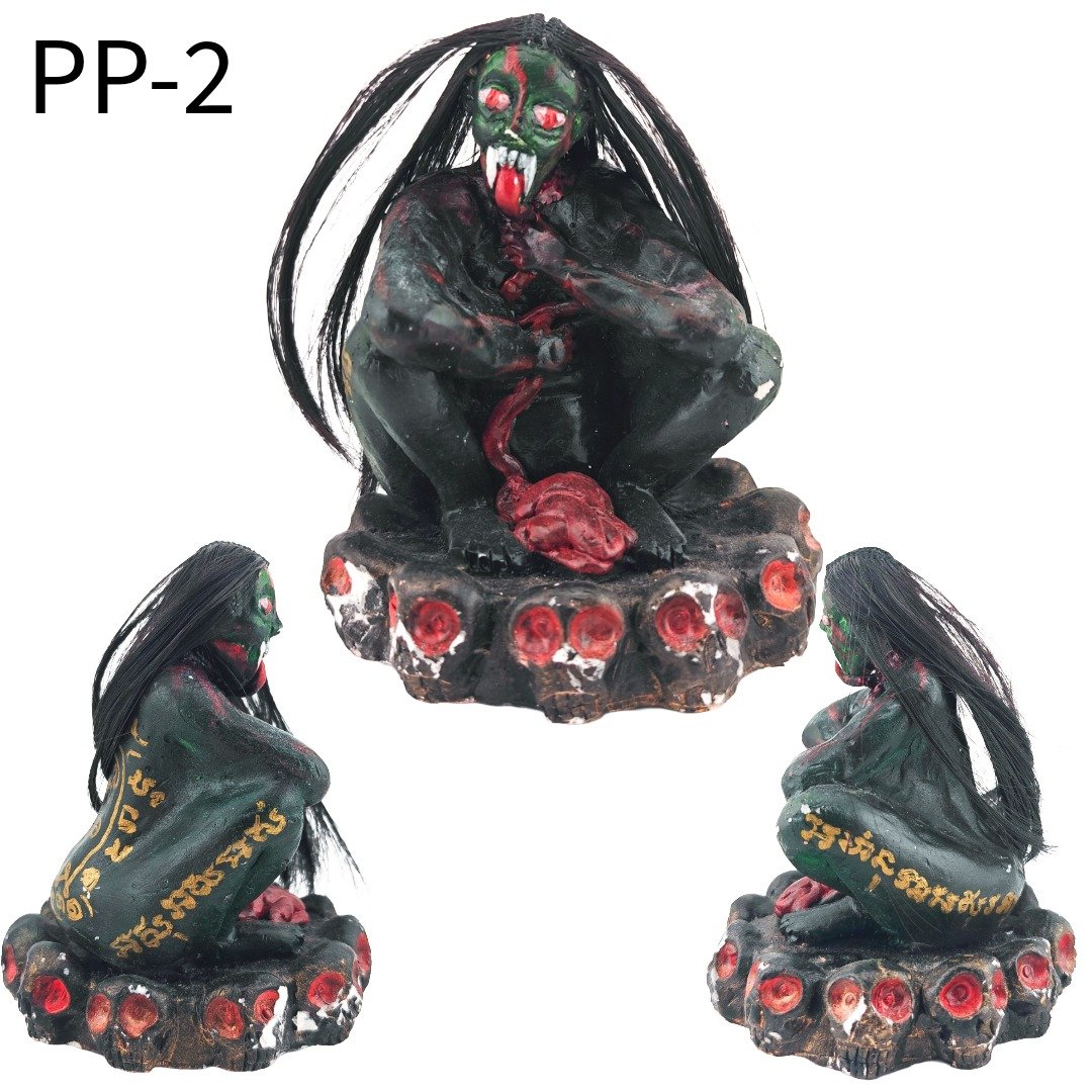 Front and side views of Phi Pong Bucha PP-2, showing its green face, long black hair and skull-covered altar base.