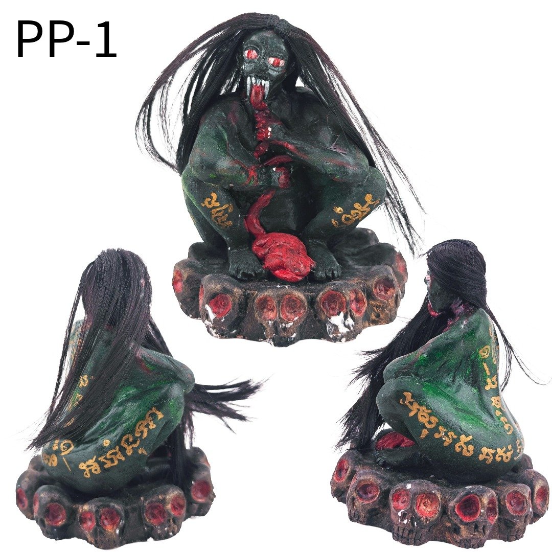 Front and side views of Phi Pong Bucha PP-1, showing its dark green body, long black hair and skull-covered base.