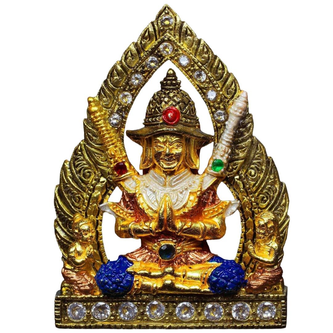 Front of Ajarn Nut’s Khun Paen Saneh Nuea Duang with ornate openwork frame, female figures and coloured sacred details