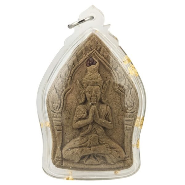 Front of the clear-cased Phra Lersi Kobut amulet by Ajarn Kitkamo, showing the seated Grand Master of saneh and the holy relic above his head.