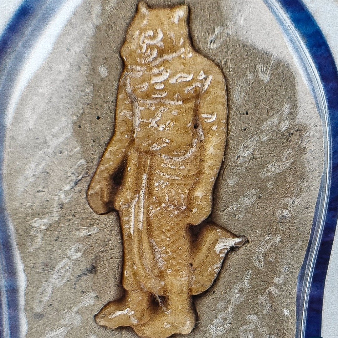Close-up of Lersi Sermingpai carved from the bone of a buffalo struck by lightning on the back of the Phra Lersi Kobut amulet.
