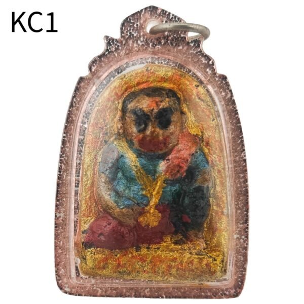 Front view of the Khun Chang wealth amulet by Ajarn Wanchai, estimated BE 2554, housed in a waterproof casing.