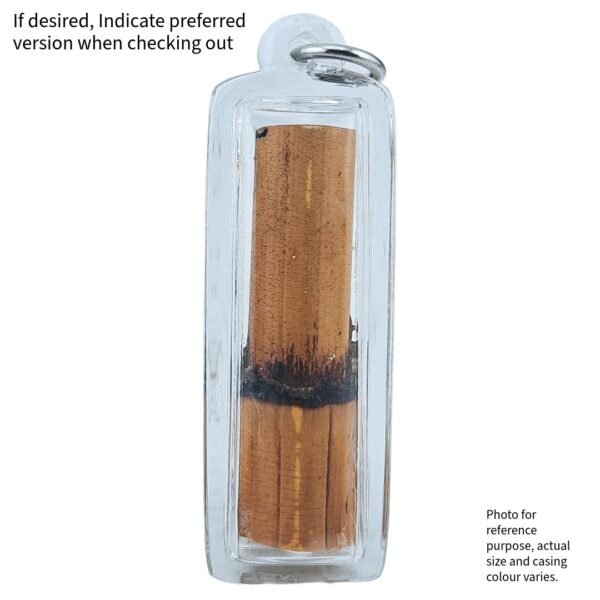 Single form Wai Luk Nimit amulet showing natural rattan markings in clear casing.