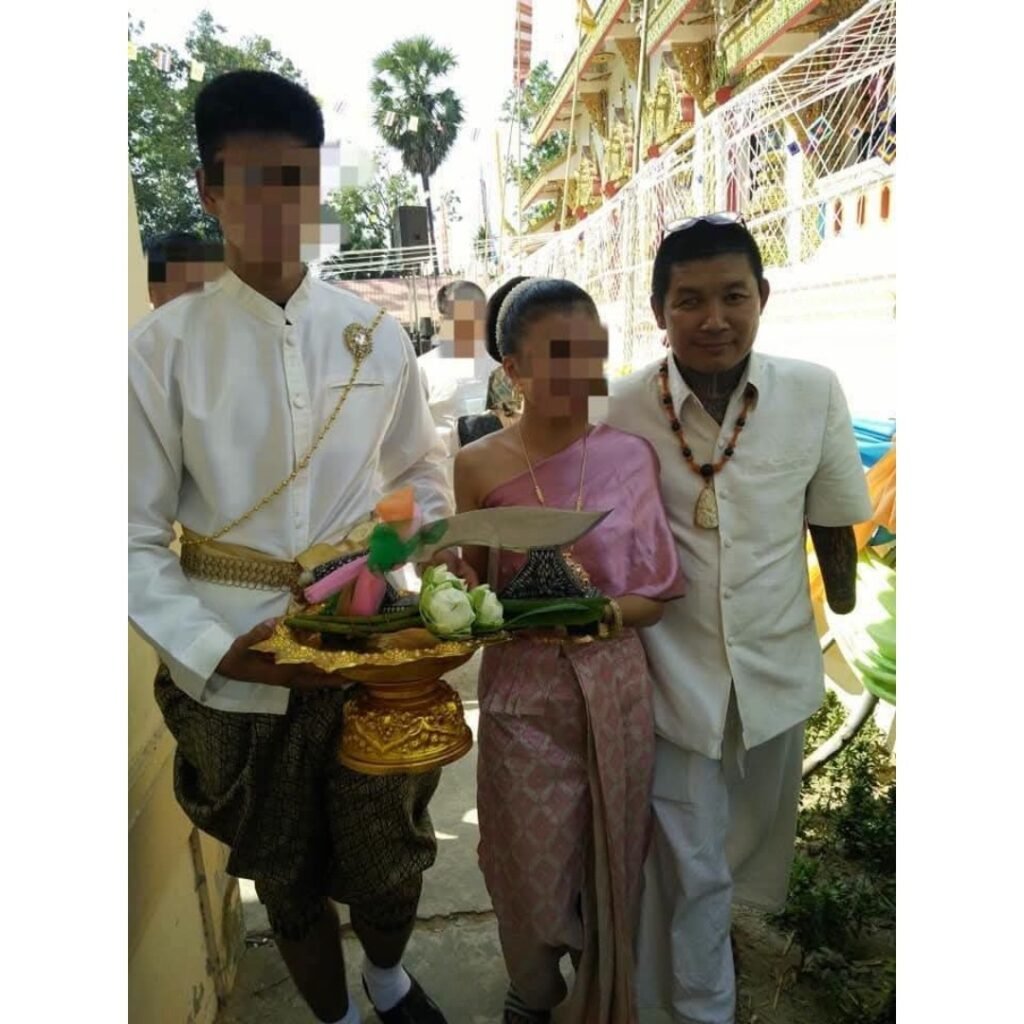 Temple consecration ceremony offering photo connected to the Wai Luk Nimit rattan material.