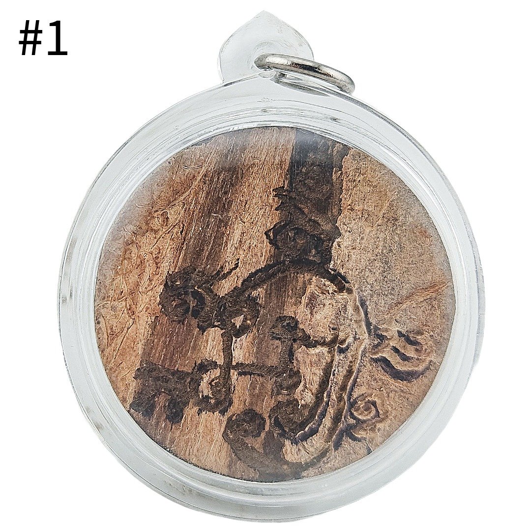 Back view of Phra Rahu amulet #1 showing hand-engraved Na Rahu on one-eye coconut shell