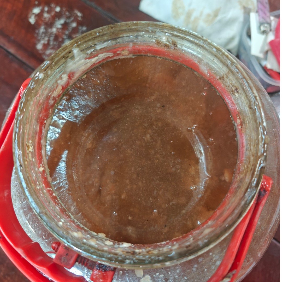 Close-up of Ajarn Kitkamo’s thick undiluted 9 Ladies Nam Man Prai master mixture after five years of accumulation