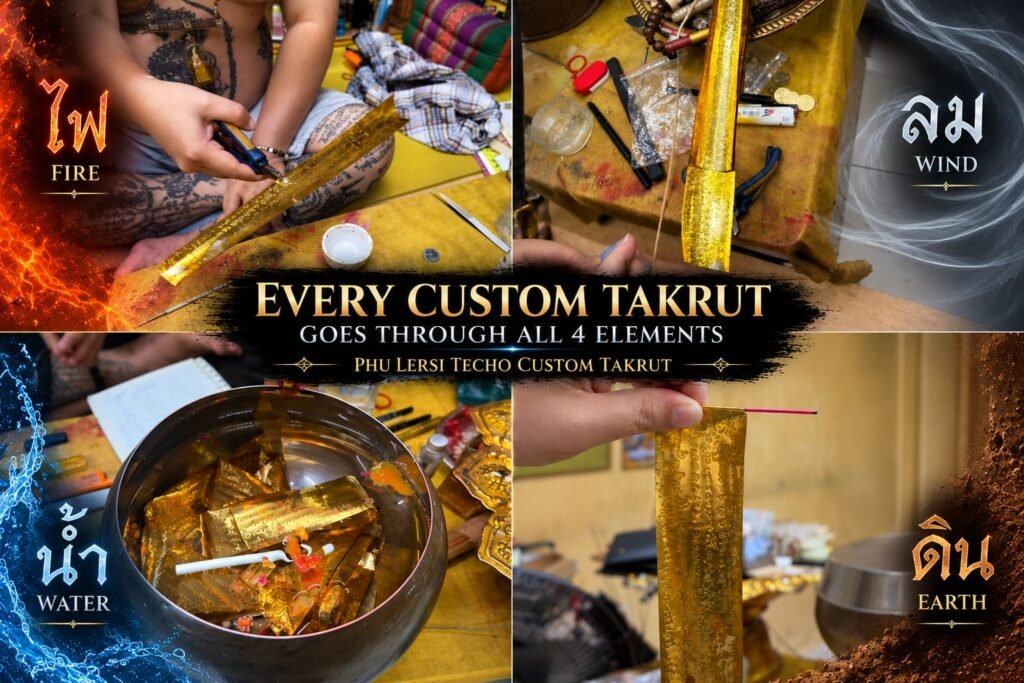 Phu Lersi Techo Custom Takrut preparation showing Earth, Water, Wind and Fire during the consecration process