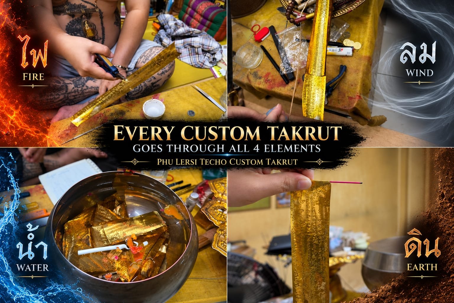 Phu Lersi Techo Custom Takrut preparation showing Earth, Water, Wind and Fire during the consecration process