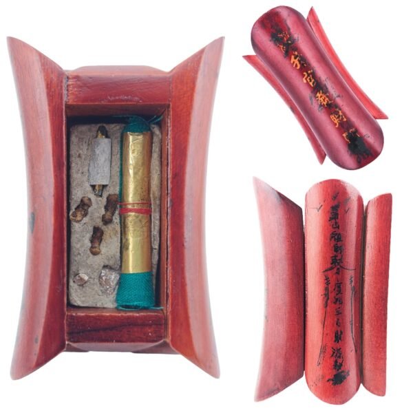 Mao Shan Vampire Coffin showing the open interior, gold writing and Chinese Mao Shan talisman scripture
