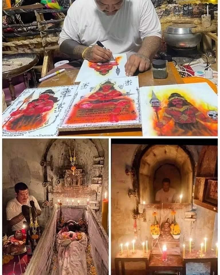 Ajarn Tom hand-painting the Phaya Yom coffin wood Mai Yant and performing consecration rituals with the finished pieces and offerings.