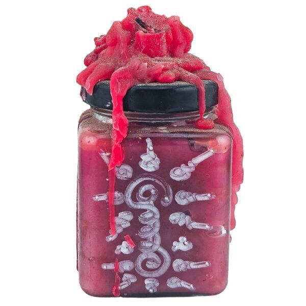 Front view of Saneh See Pheung by Ajarn Kitkamo showing hand-yanted inscriptions on the glass and layers of red ritual candle wax.