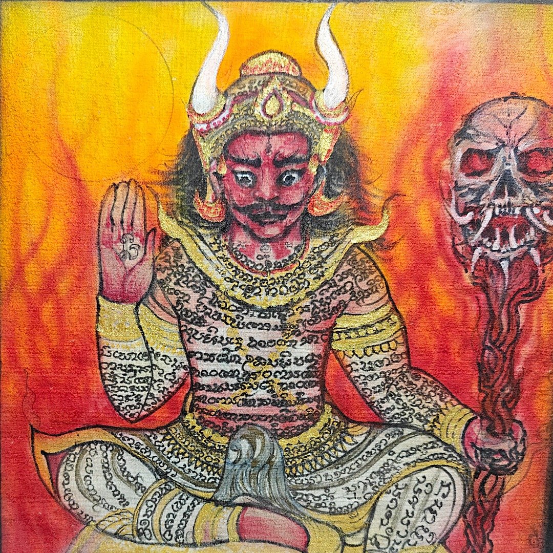 Hand-painted Phaya Yom, Lord of the Underworld, seated with a skull-topped staff and surrounded by inscriptions on corpse cloth.