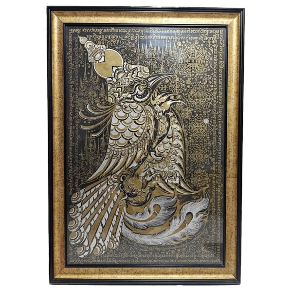Complete one-of-a-kind Salika Phayant by Kruba Thep, BE 2568, hand-painted in gold and white, 63.5 × 89.7 cm framed.