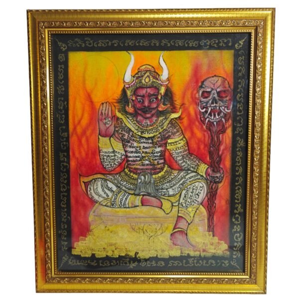 Full view of Ajarn Tom's one-of-a-kind XL Phaya Yom phayant, BE 2565, displayed in its ornate gold-coloured frame.