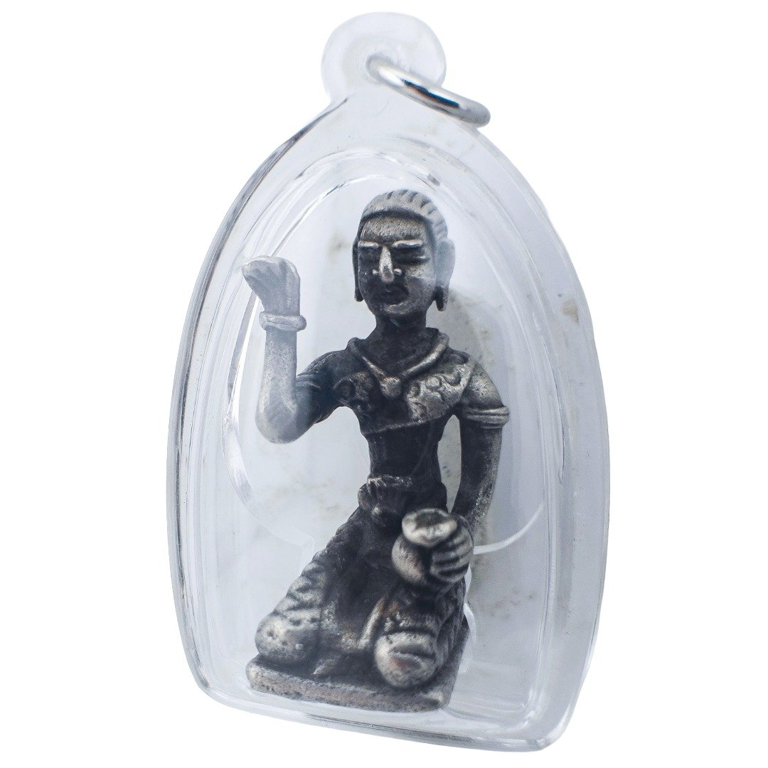 Angled front view of Forgotten Nang Kwak showing the raised hand, money bag and ornate upper-body decoration.