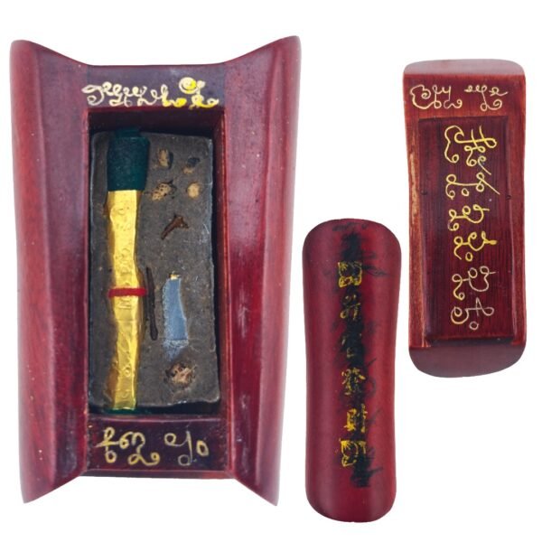 Phu Lersi Techo Mao Shan Vampire Coffin with murn sarn, wrapped takrut and separate wooden cover showing gold handwritten yants.