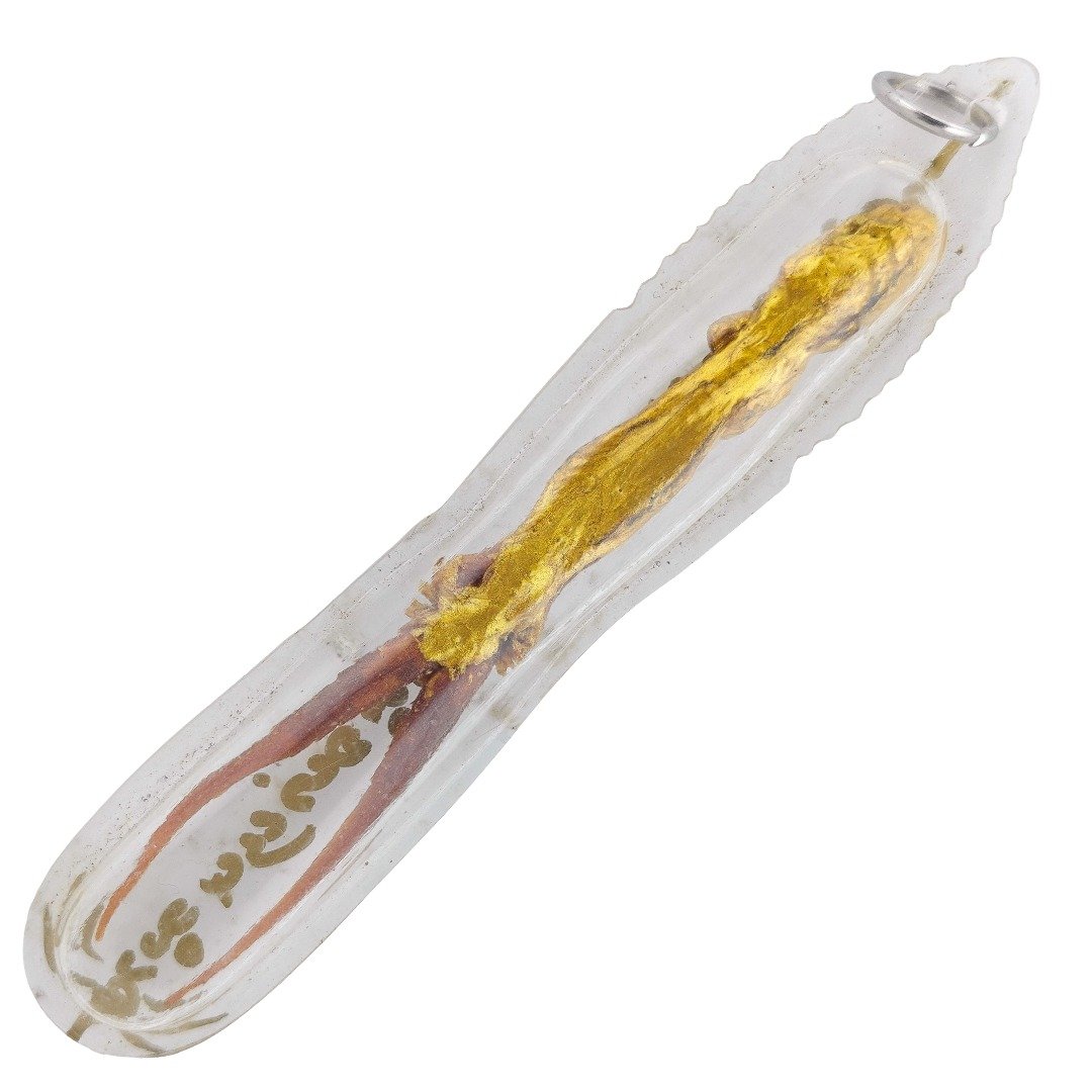 Jinchok Song Hang two-tailed lizard amulet by Ajarn Nut, front view showing the original clear handmade casing and gold-coloured inscriptions.
