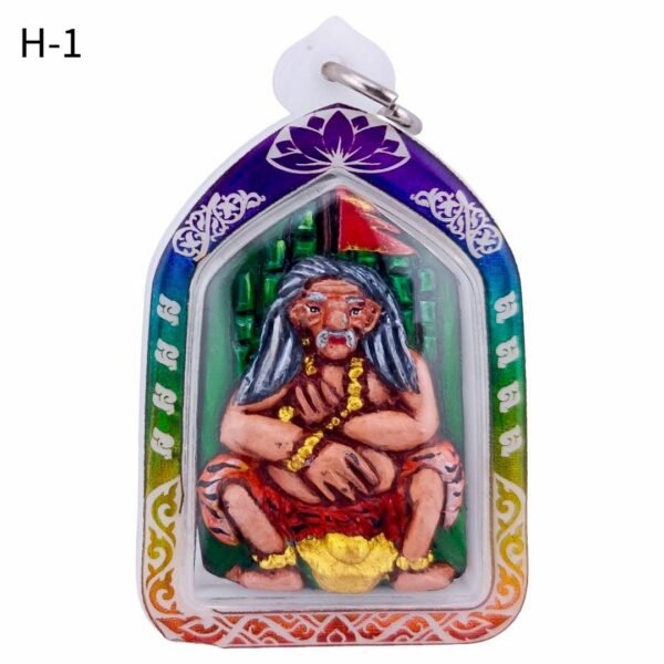 Phaya Ghob Hakom H-1 front showing the seated long-haired ghoul with gold ingot, red clothing and green background inside a colourful laser casing.