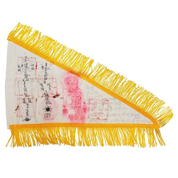 One-of-a-kind Cheng Huang Ye Mao Shan Command Flag by Phu Lersi Techo, with yellow fringe, Chinese talismans and Thai ritual inscriptions on corpse cloth.