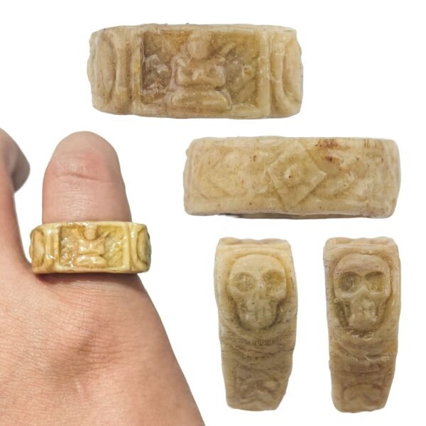 Multiple views of the one-of-a-kind Gradook Prai ring showing Khun Paen, both Prai Kasip carvings and the ring worn on a finger for size reference.