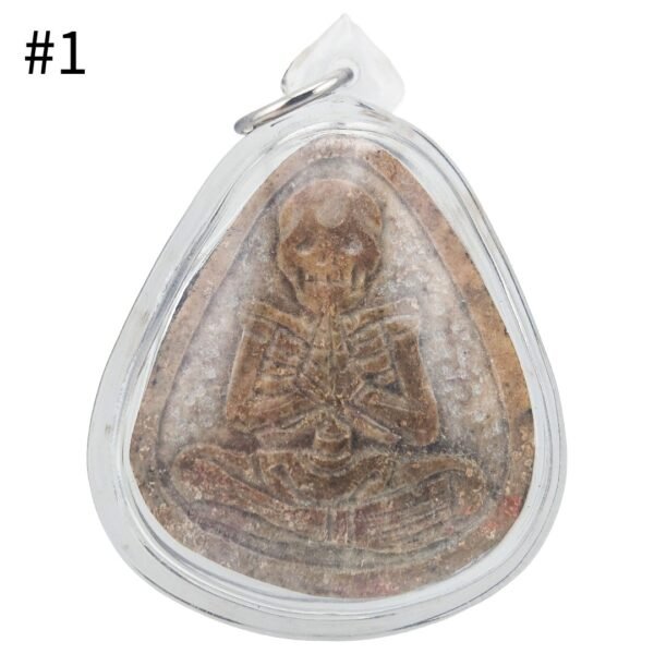 Front of Prai Thong Panneng #1 by Ajarn Kitkamo, showing the skeletal Prai Thong carving in its clear protective casing.