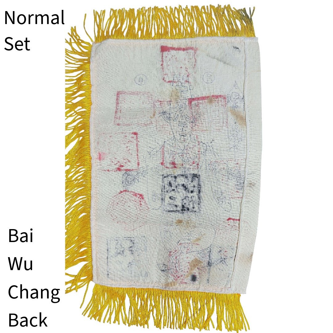 Back of the Normal Edition Bai Wu Chang Mao Shan command flag with faded talisman seals and gold fringe.