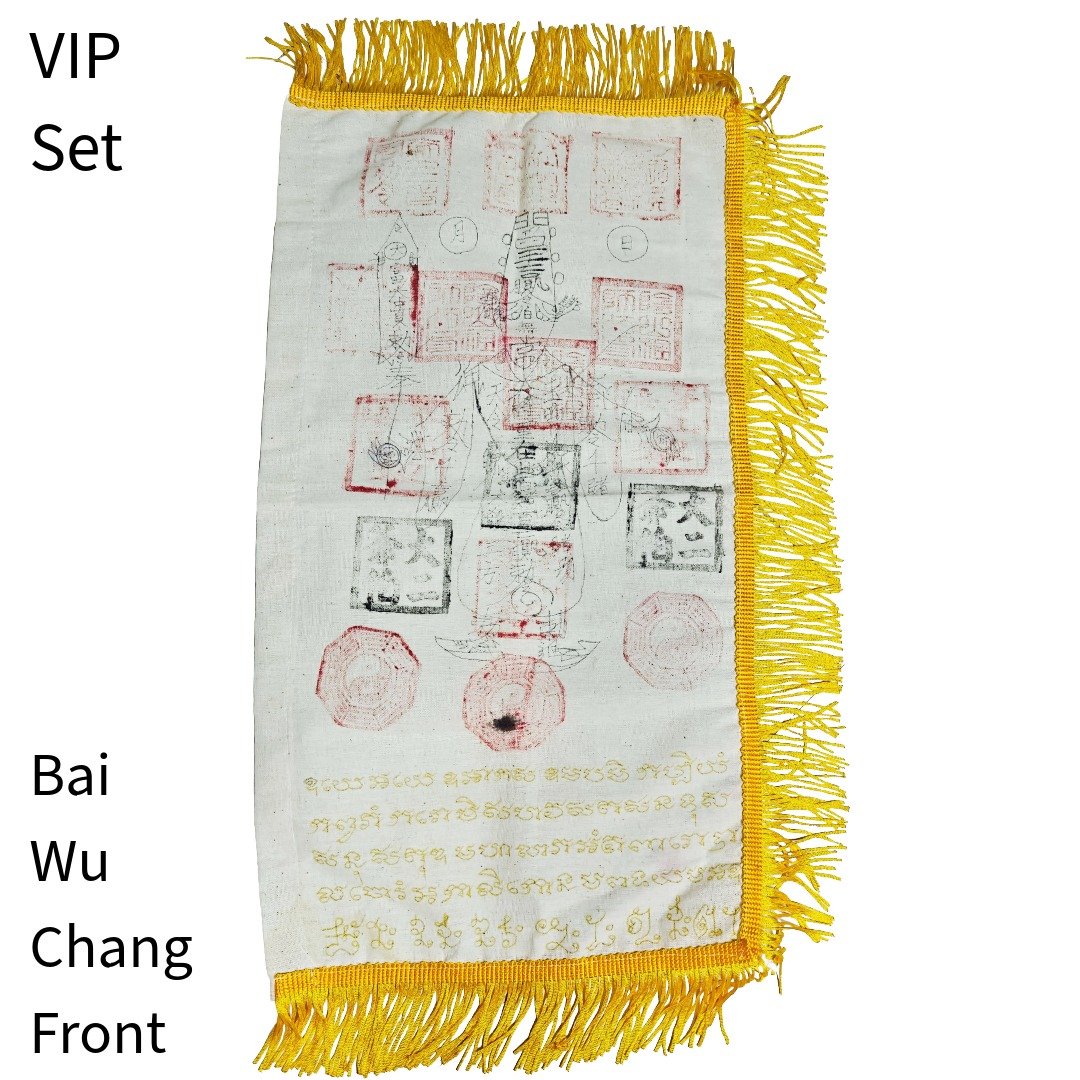 Front of the VIP Bai Wu Chang Mao Shan command flag with red and black talisman seals, handwritten inscriptions and gold fringe.