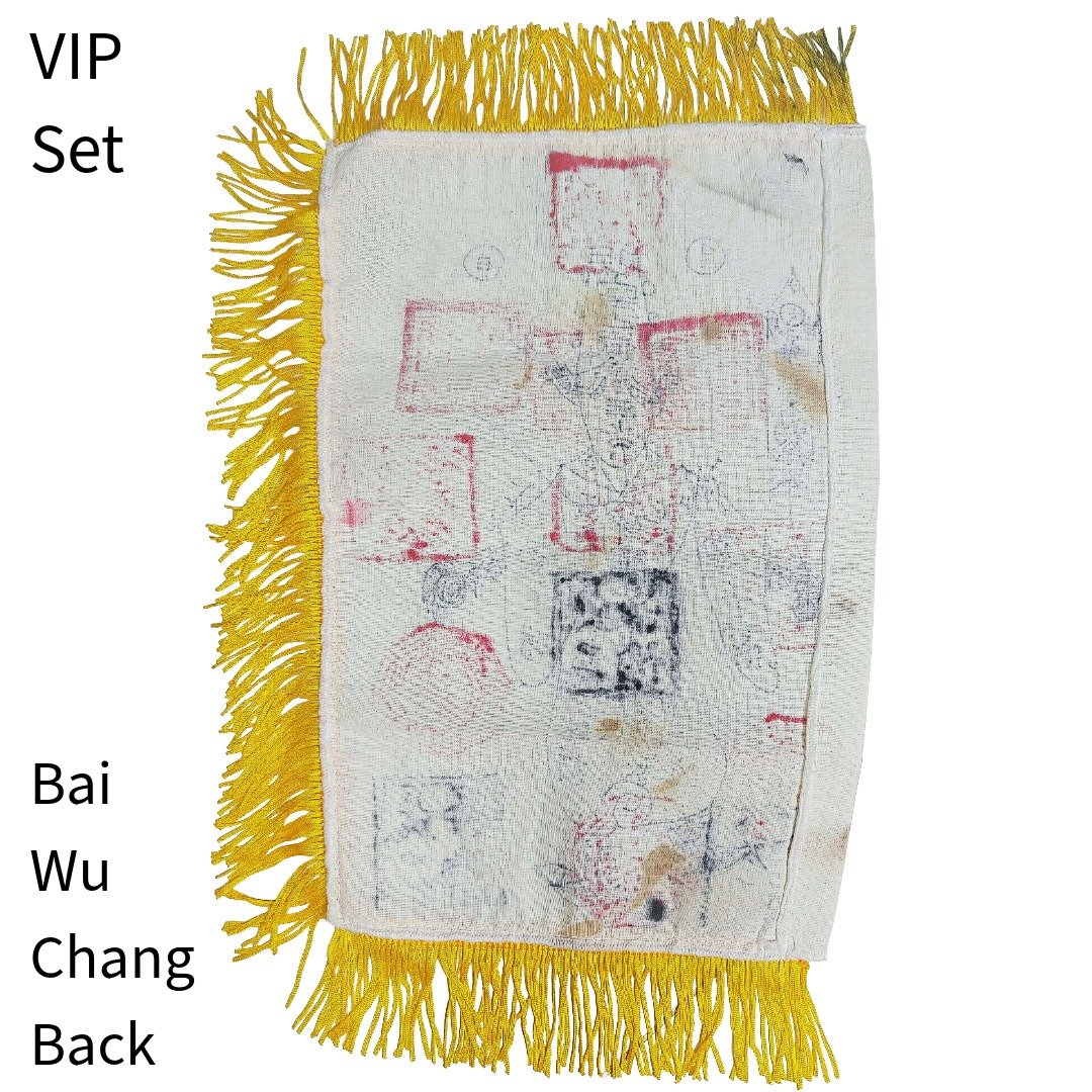 Back of the VIP Bai Wu Chang Mao Shan command flag showing talisman seals on white cloth with gold fringe.