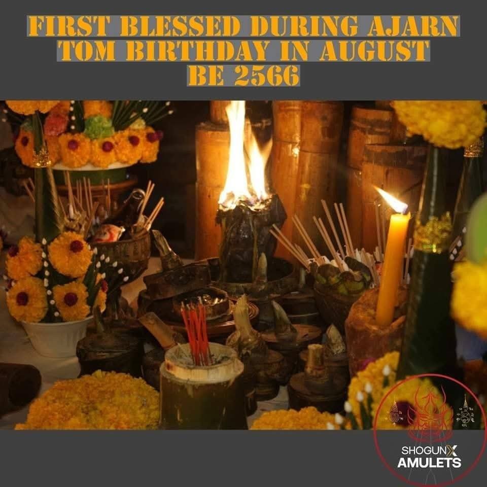 Hakom ritual altar with burning candles, incense and offerings during the first blessing at Ajarn Tom's birthday Wai Kru in August BE 2566.