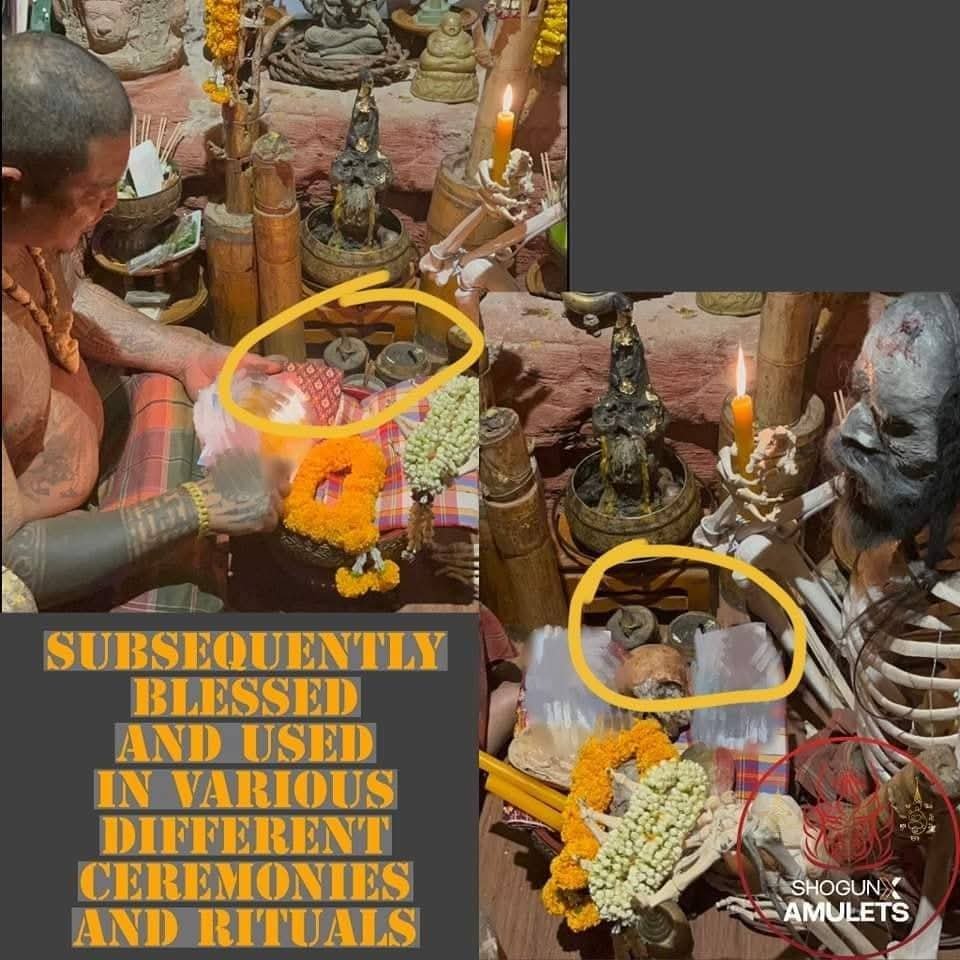 Collage showing Ajarn Tom conducting further blessing rituals with Hakom materials and other ritual items during subsequent ceremonies.