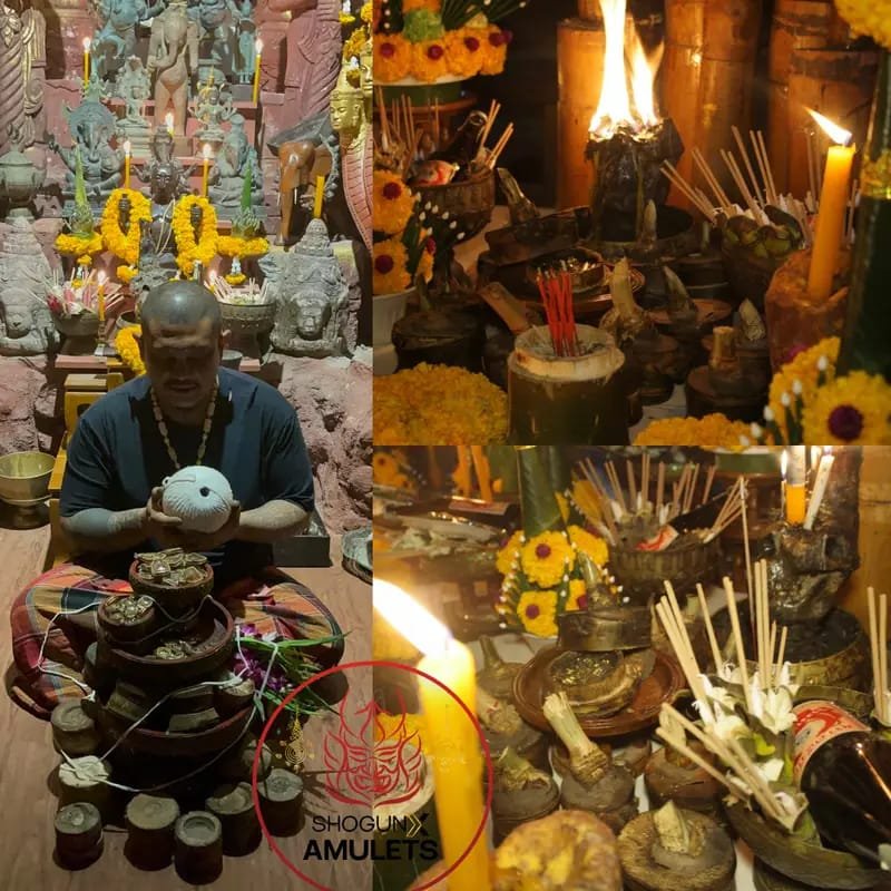 Collage of Ajarn Tom conducting ritual blessings alongside Hakom altars, candles, incense and offerings during different ceremonies.
