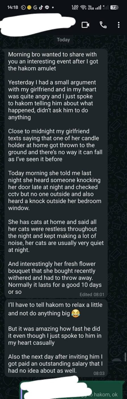 Customer describes seeing a mysterious long-haired figure during meditation and associating the experience with Hakom.