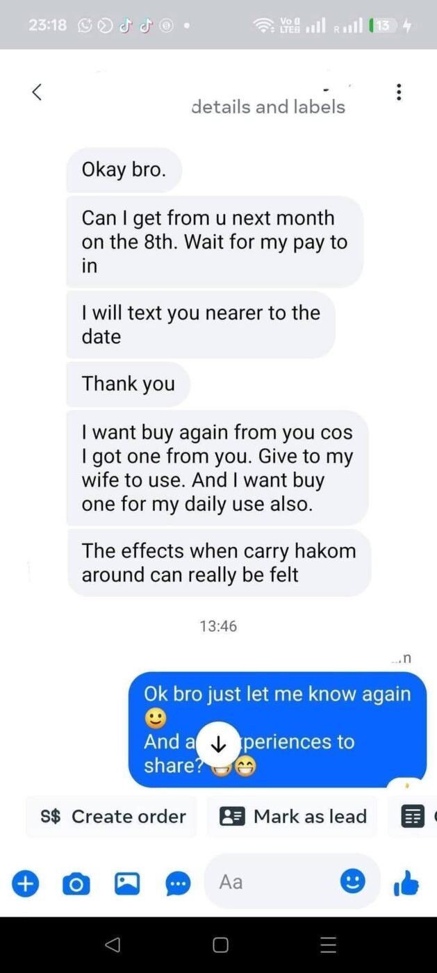 Screenshot of a returning customer enquiring about Hakom availability and asking for further recommendations.