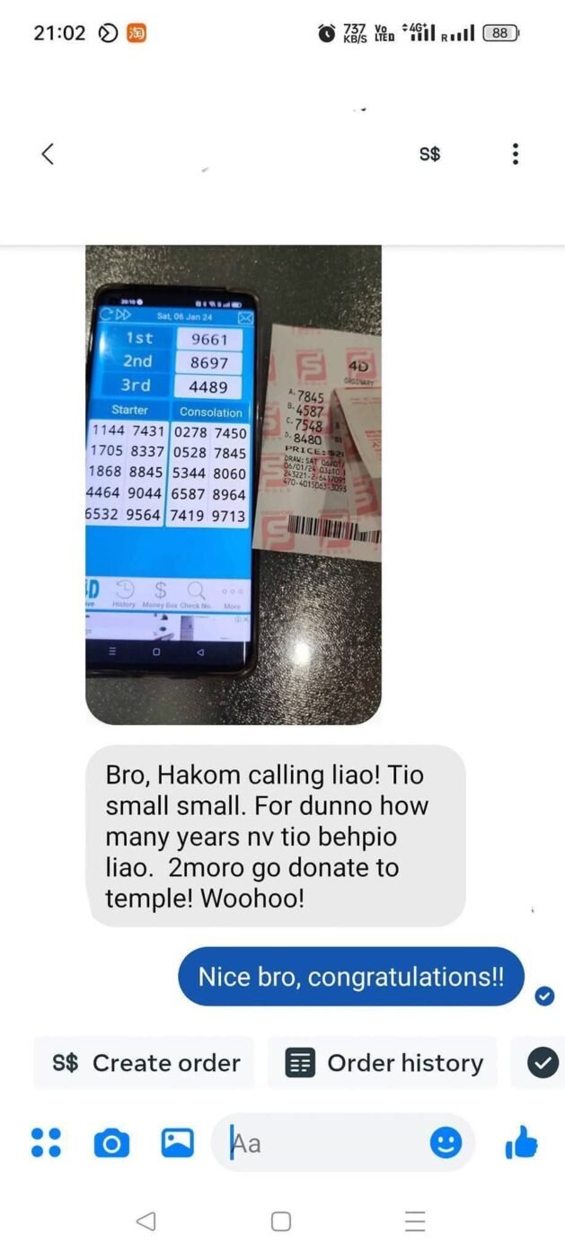 Customer shares a Singapore 4D consolation prize result and expresses excitement and gratitude towards Hakom.
