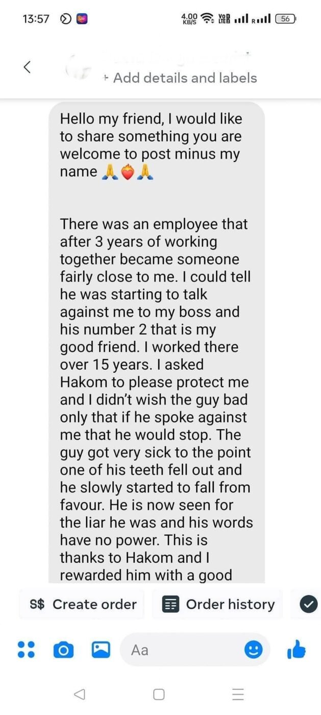 Customer describes asking Hakom for protection against a colleague spreading accusations, followed by the colleague losing influence at work.